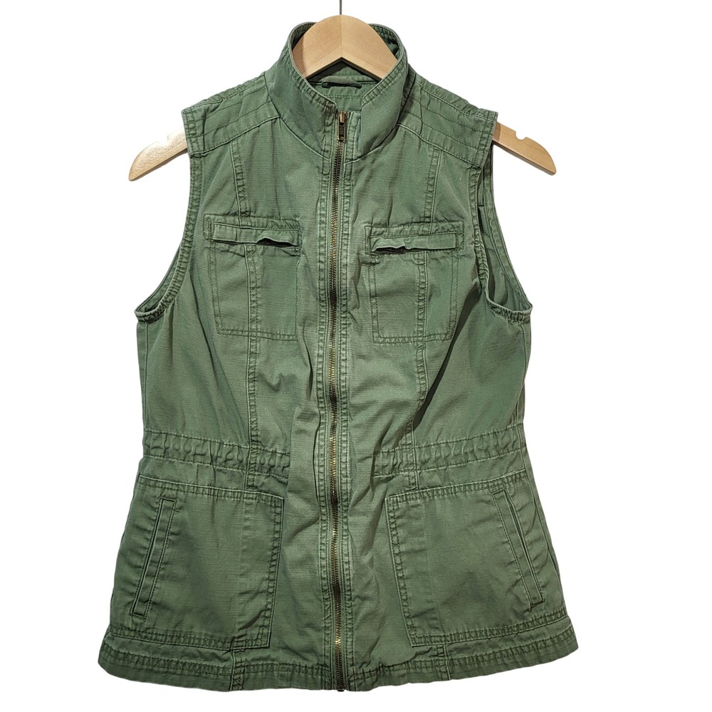 Merona Womens Small Olive Green Utility Vest Cotton Full Zip Mock Neck Pockets